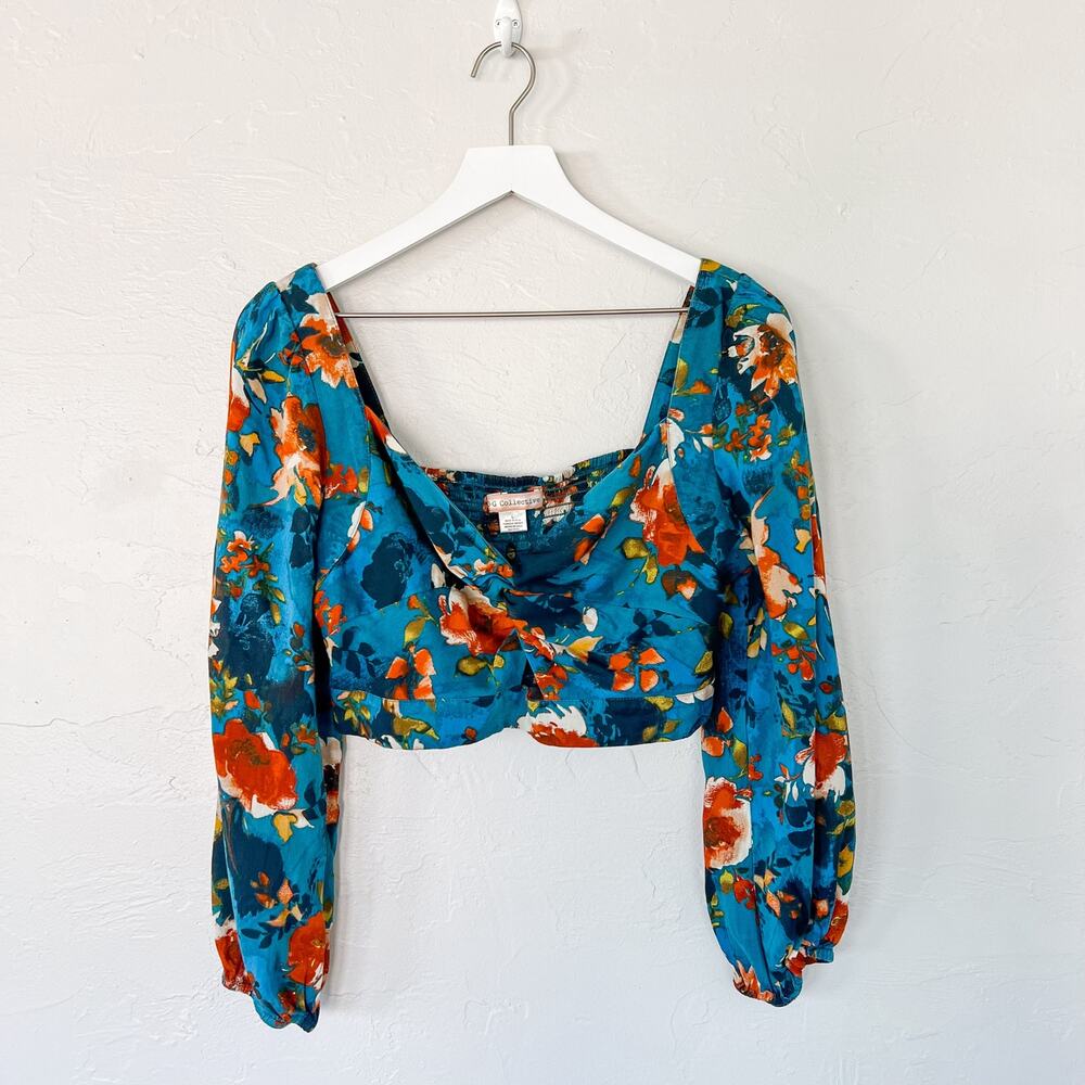Band of Gypsies Floral Crop Top Large Teal Blue Puff Sleeve Ruched Boho Rayon